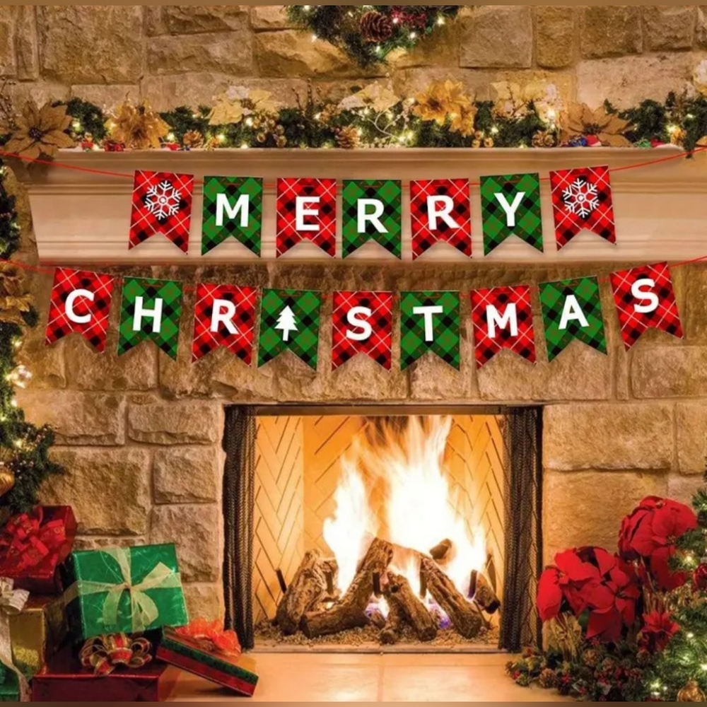 New, Merry Christmas banner red green black plaid holiday decor
